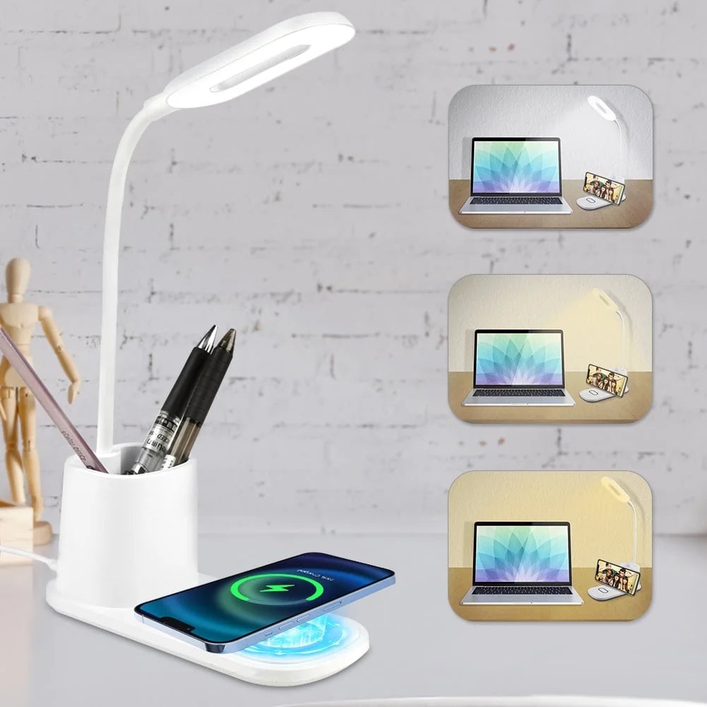 Led Desk Lamp for an Office in Home with Pen Holder and Wireless Charger- 3 Modes Dimmable LED Table Lamp with Flexible Gooseneck