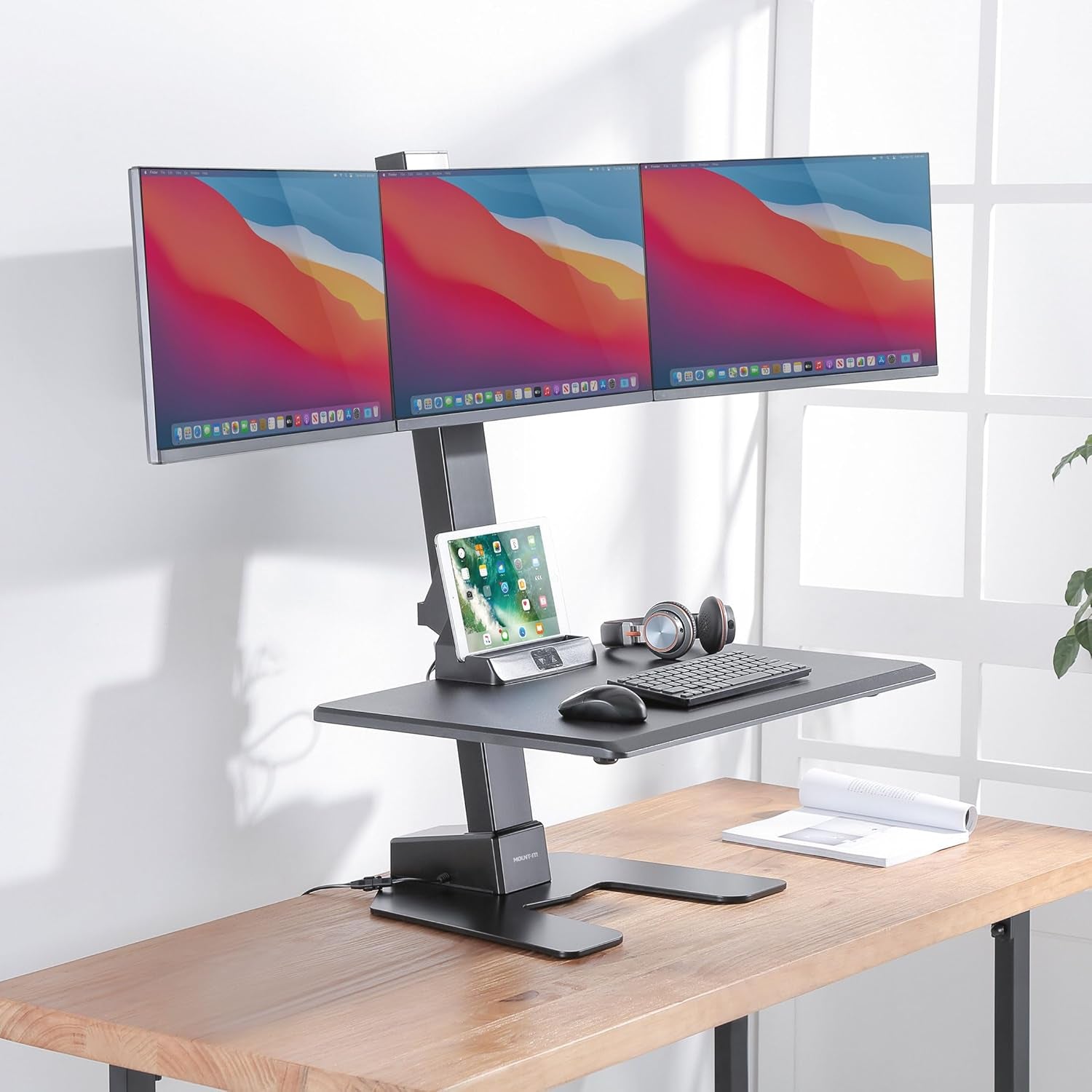 Triple Monitor Electric Standing Desk Converter - 3 Screens Stand up Desk Riser - Height Adjustable Desktop & 3 Mounts for Screens up to 32", Sit-Stand Convertor for Home, Office, School
