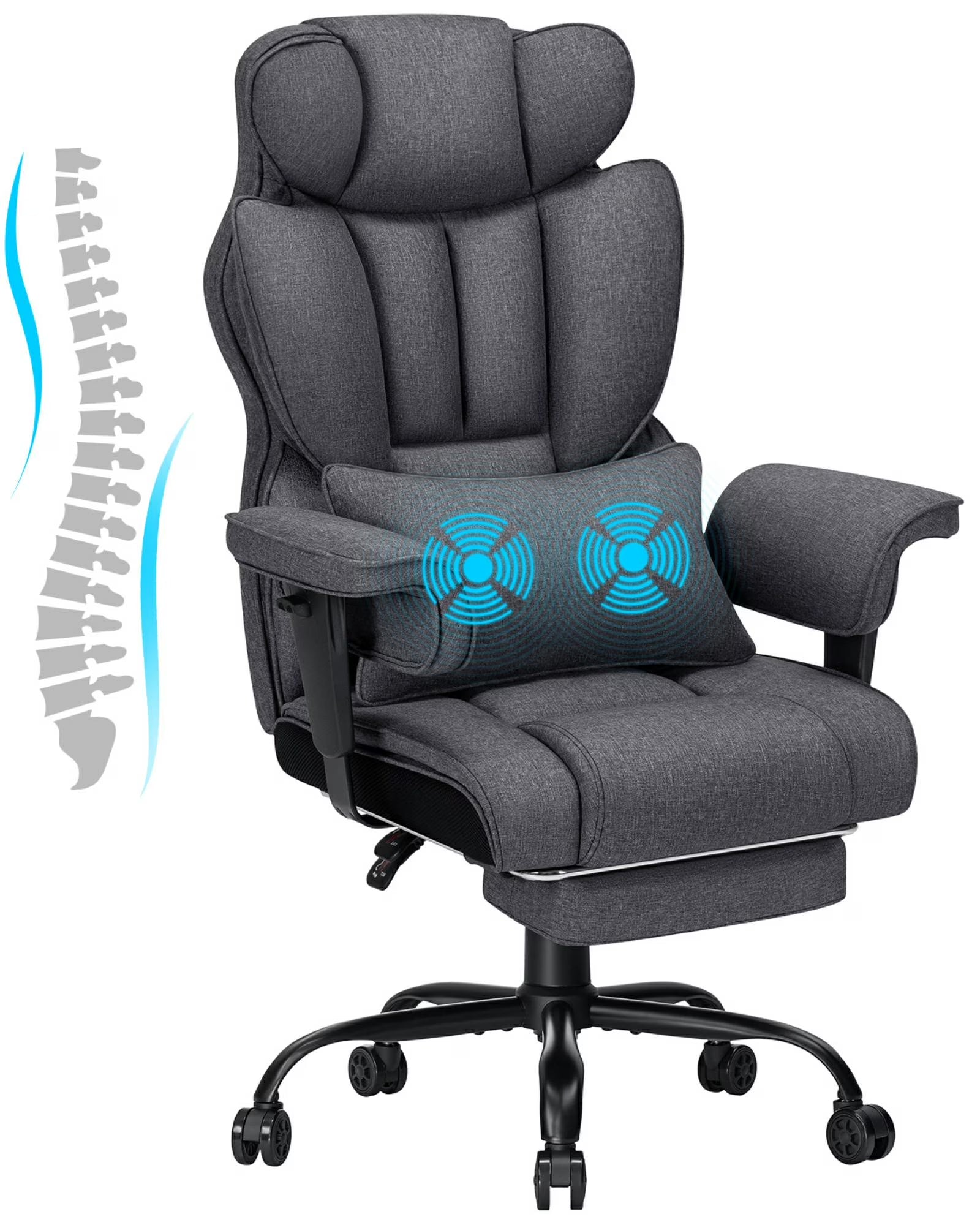 Big and Tall Fabric Office Chair 450Lbs, Executive Desk Chair with Massage Ergonomic Computer Chair with Footrest Reclining Desk Office Chair with Lumbar Support for Home Office