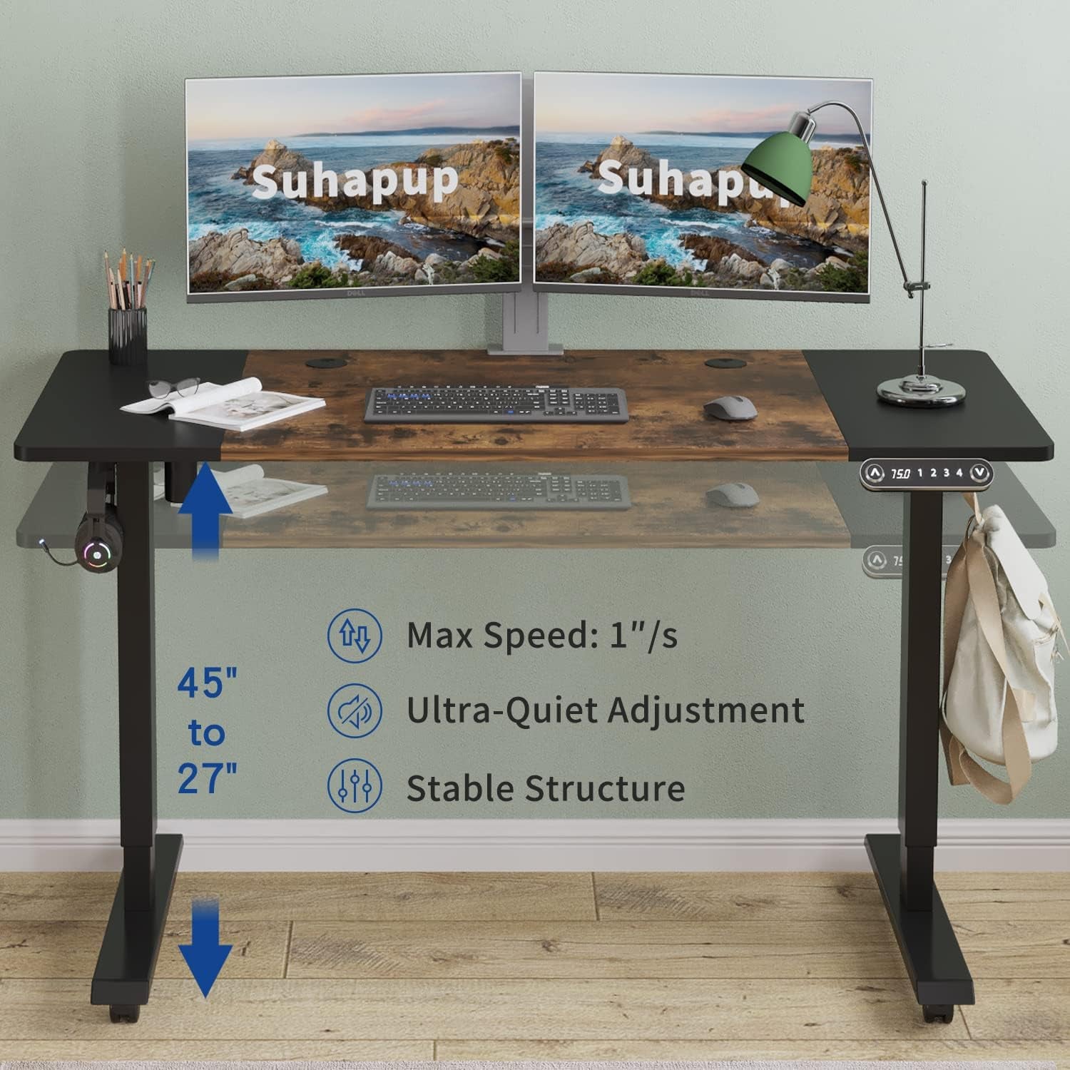 Electric Adjustable Height Standing Desk, 55 X 24 Inches Sit - Stand Desk for Work or Home Office 4 Preset Heights Easy to Set, Rustic Brown + Black Splice Board/Black Frame