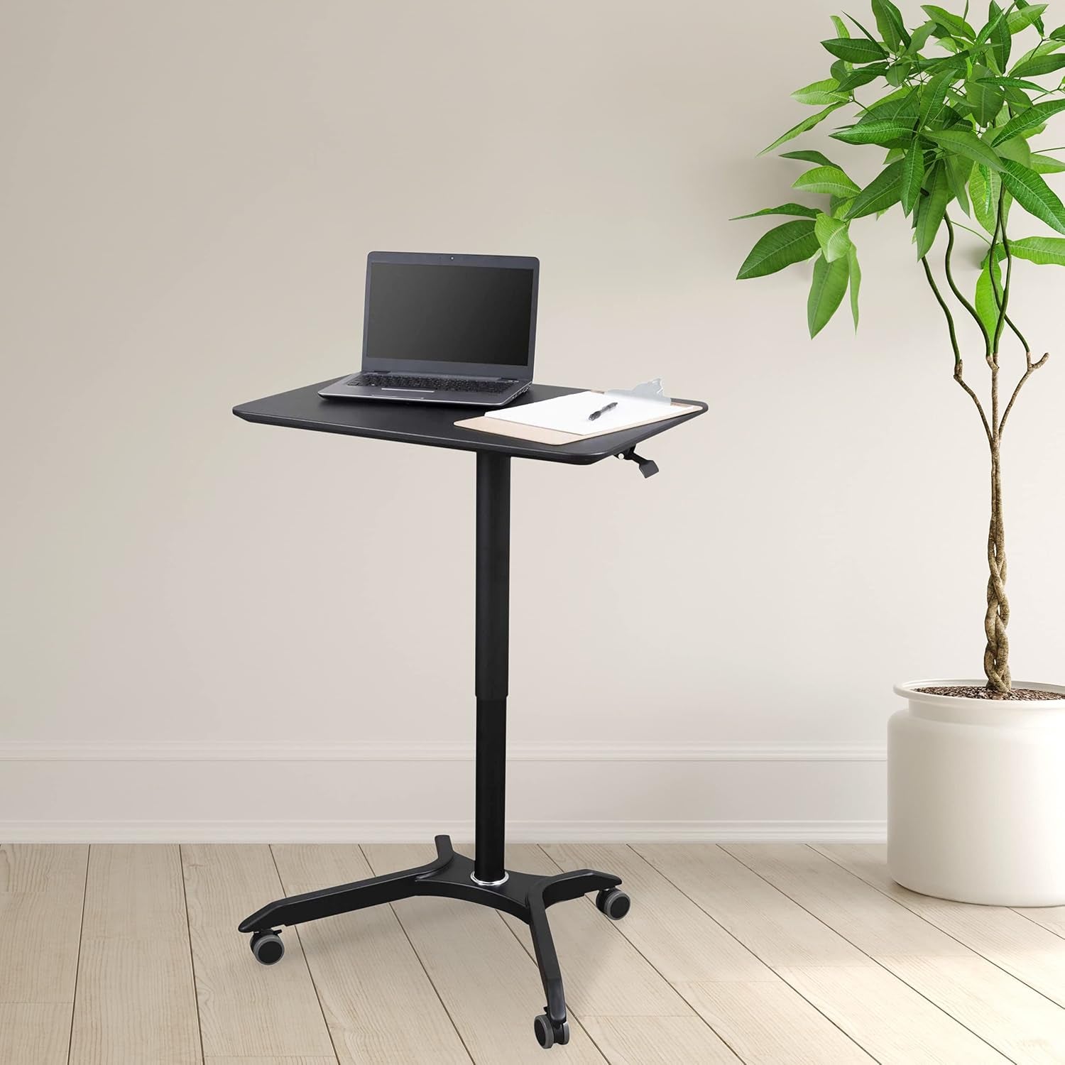 Pneumatic Adjustable Height Rolling Mobile Laptop Standing Desk Cart (Black Frame/Black Top, 28" Wide)