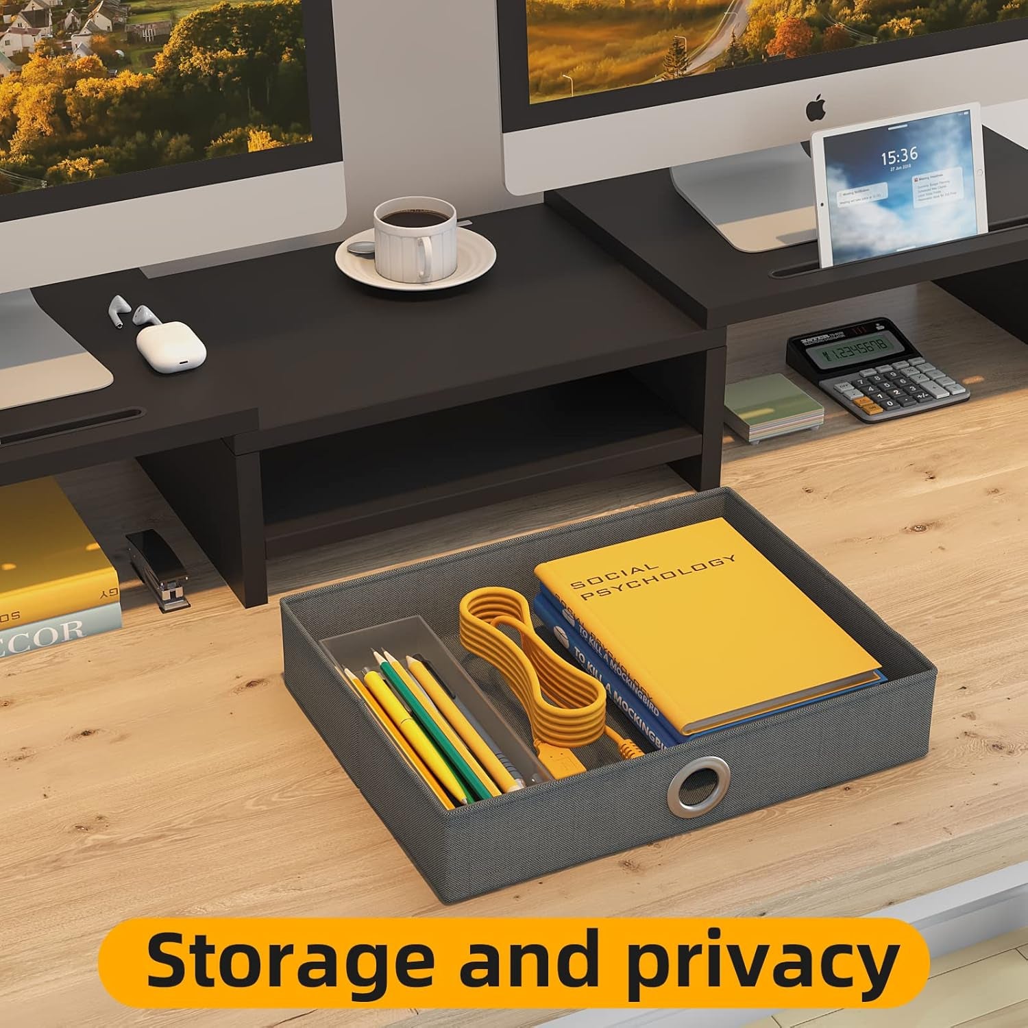 Dual Monitor Stand Riser with Drawer, Adjustable Length and Angle Monitor 2 Solts for Phone & Tablet, Desktop Organizer Stand for Computer/Laptop/Pc/Printer