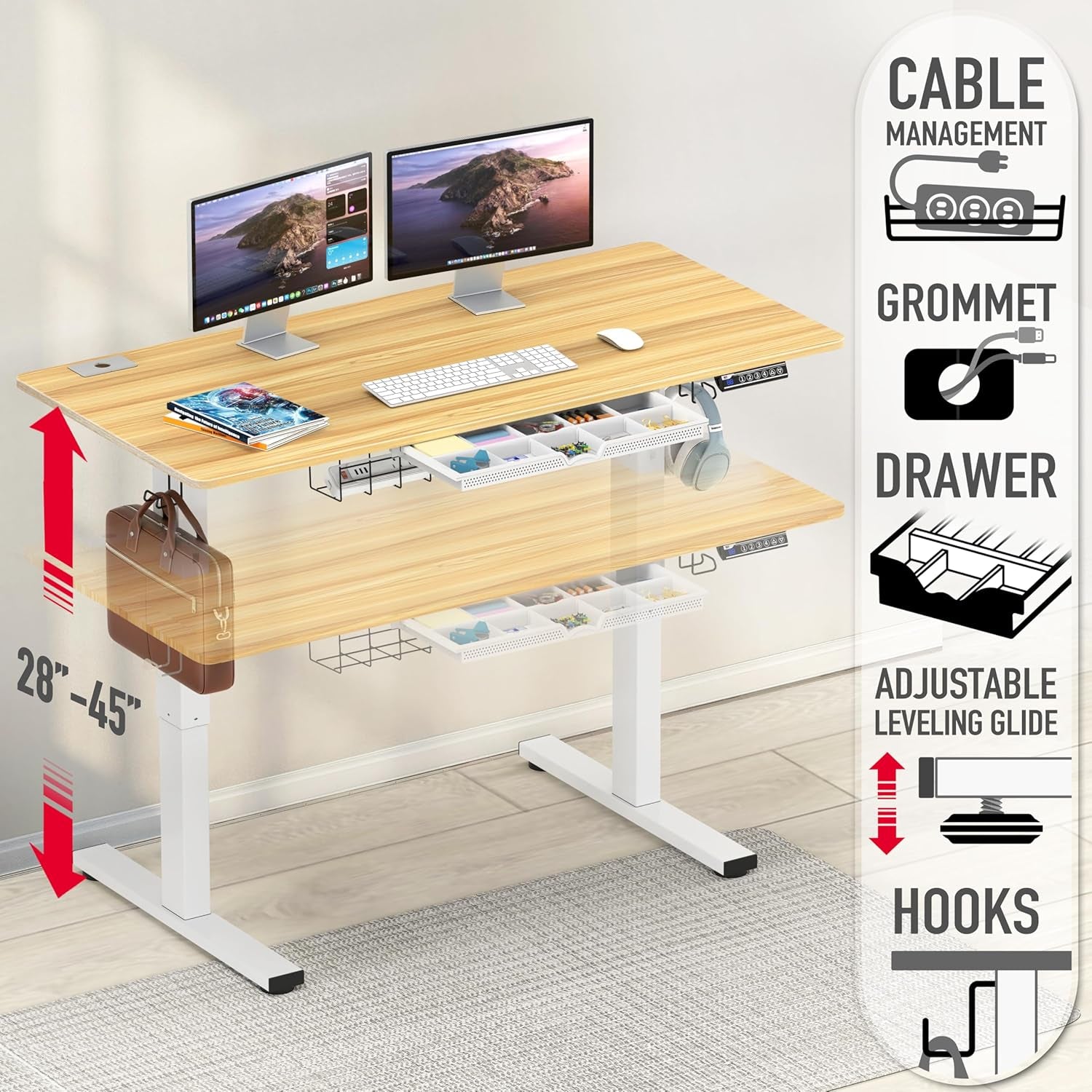 40-Inch Electric Height Adjustable Standing Desk with Drawer, Memory Preset and Cable Management Tray, Oak