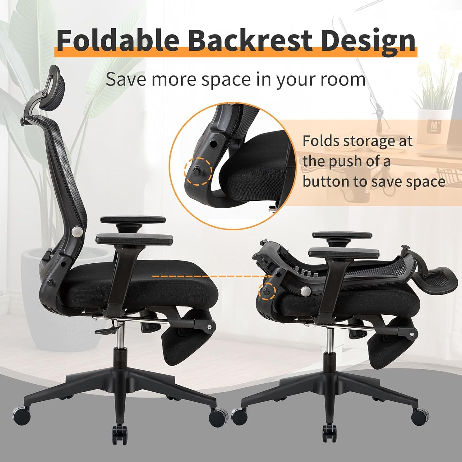 Foldable Office Chair with Footrest & Headrest, Ergonomic Mesh Desk Chair, Tilt Function, Lumbar Support, 300Lbs, Black
