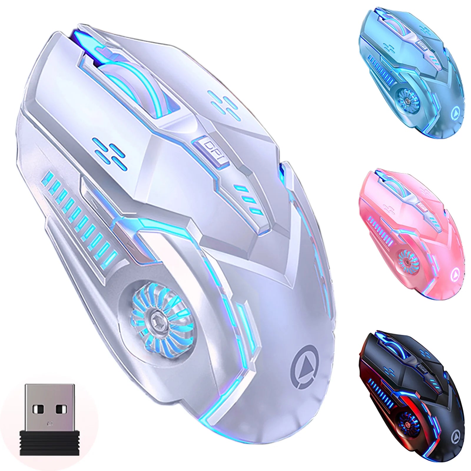 Rechargeable Wireless Gaming Mouse,2.4G LED Optical Silent Wireless Computer Mouse with 7 LED Light,4 Adjustable DPI 1200/1600/2400/3200,Ergonomic Design Wireless Mouse for Laptop(Silver)