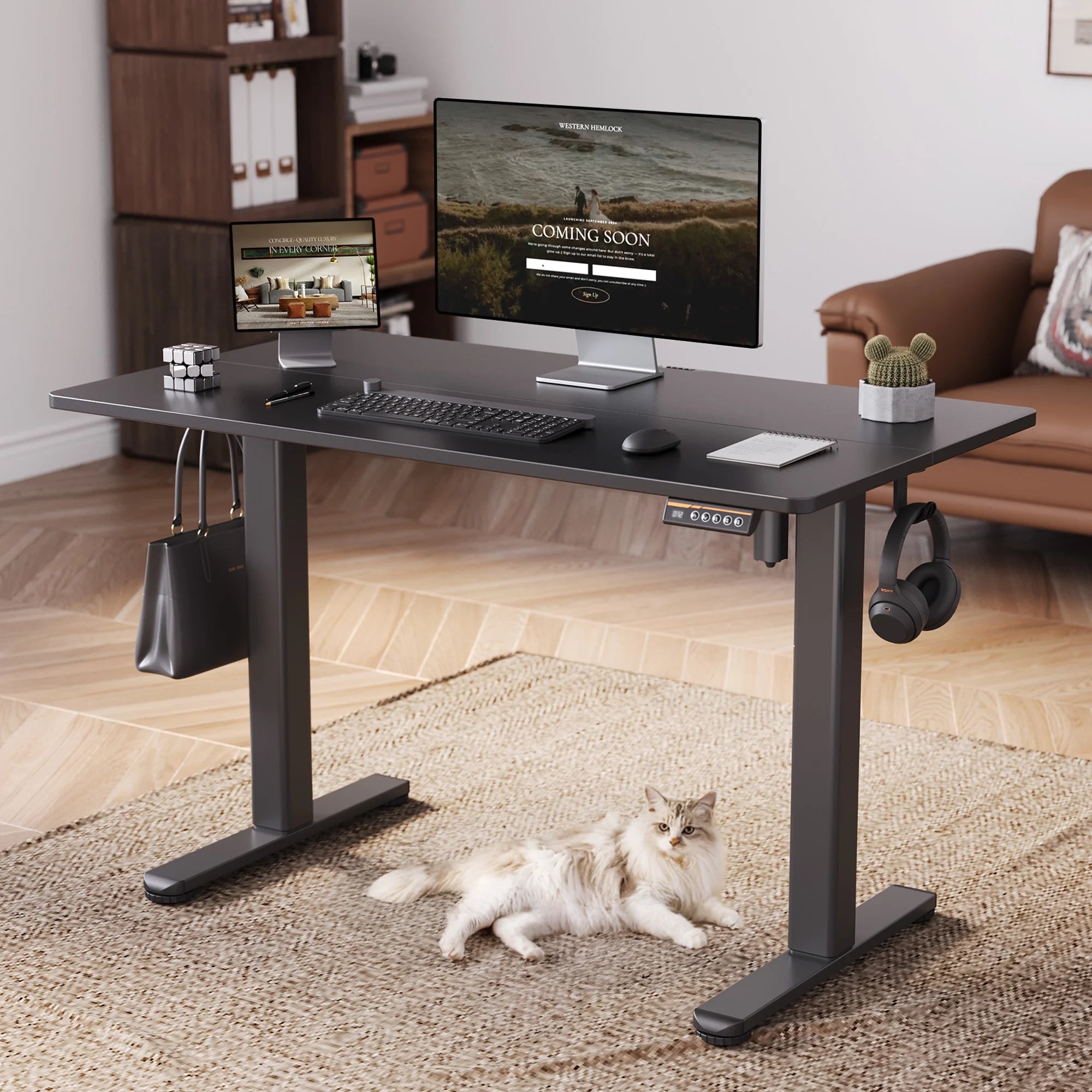 Electric Standing Desk, Adjustable Height Stand up Desk, 55X24 Inches Sit to Stand Home Office Computer Desk with Splice Board, Black Frame/Black Top