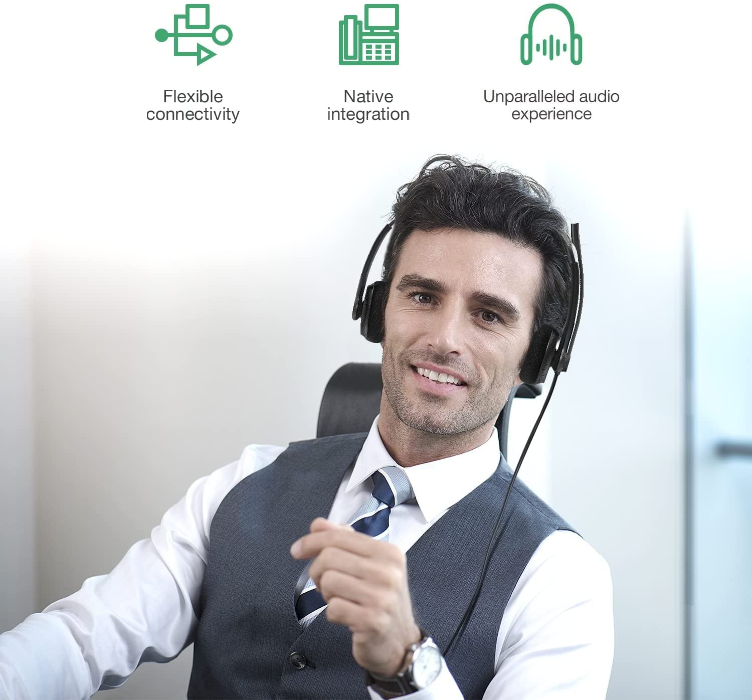 Phone Headsets for Office Phones YHS34 Lite QD to RJ9 Wired Headset Compatible with Poly Snom Grandstream Phones Desk Landline Headset with Microphone -Dual/111G/2.1M Cable