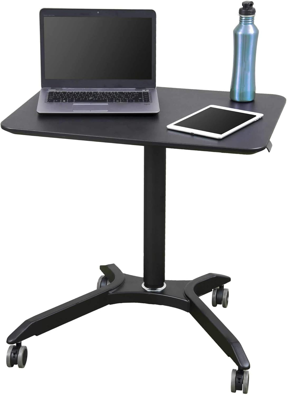 Pneumatic Adjustable Height Rolling Mobile Laptop Standing Desk Cart (Black Frame/Black Top, 28" Wide)