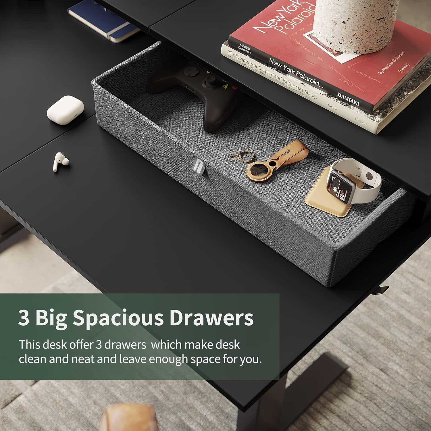 Triple Motor 63" L Shaped Standing Desk with 3 Drawers, Electric Standing Gaming Desk Adjustable Height, Corner Stand up Desk with Splice Board, Black Frame/Black Top