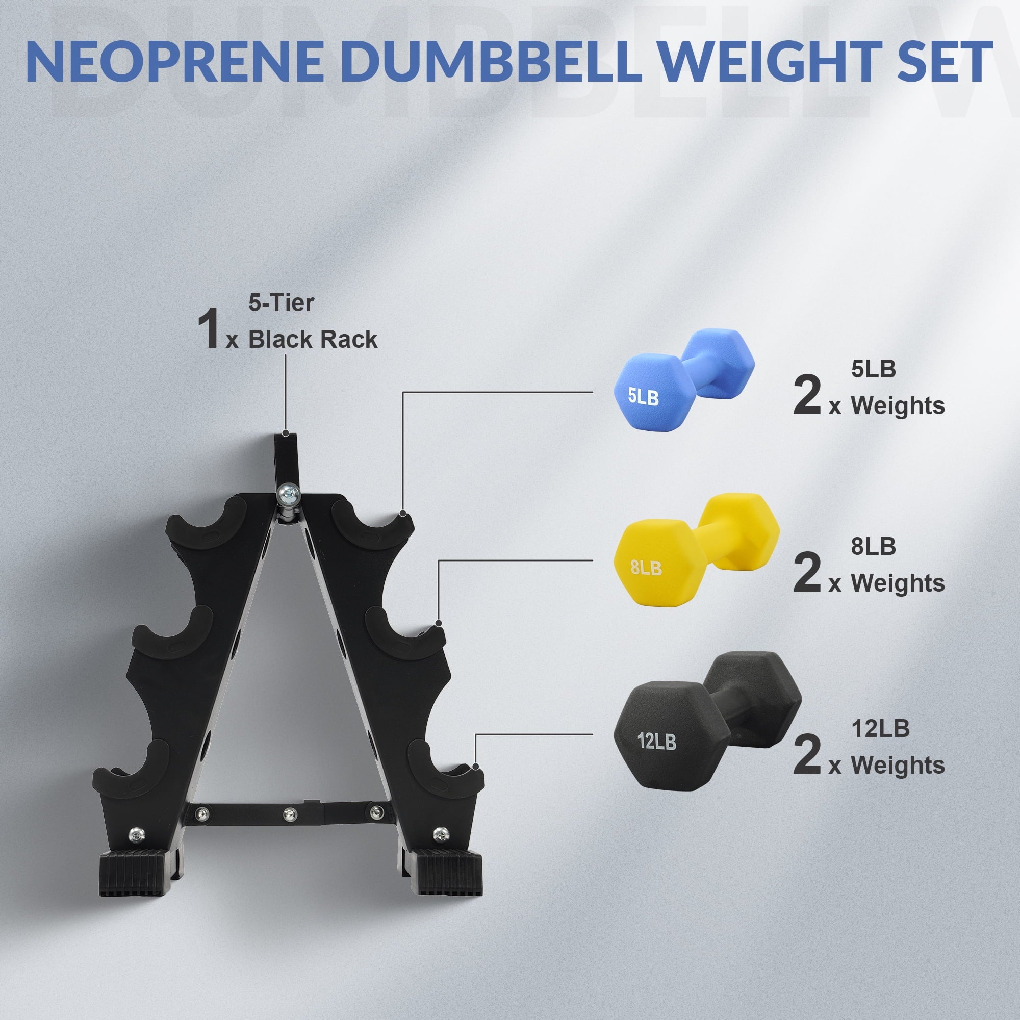 Dumbbell Set with Stand (5Lbs, 8Lbs, 12Lbs Set)