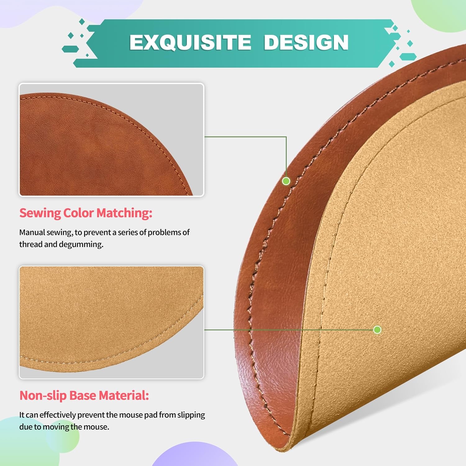 Mouse Pad,Round Mouse Pad,Pu Mouse Pad,Leather Mouse Pad with Stitched Edge Micro-Fiber Base with Non-Slip Waterproof,Mouse Pad for Computers,Laptop,9 X 9 Inch (Caramel Brown)