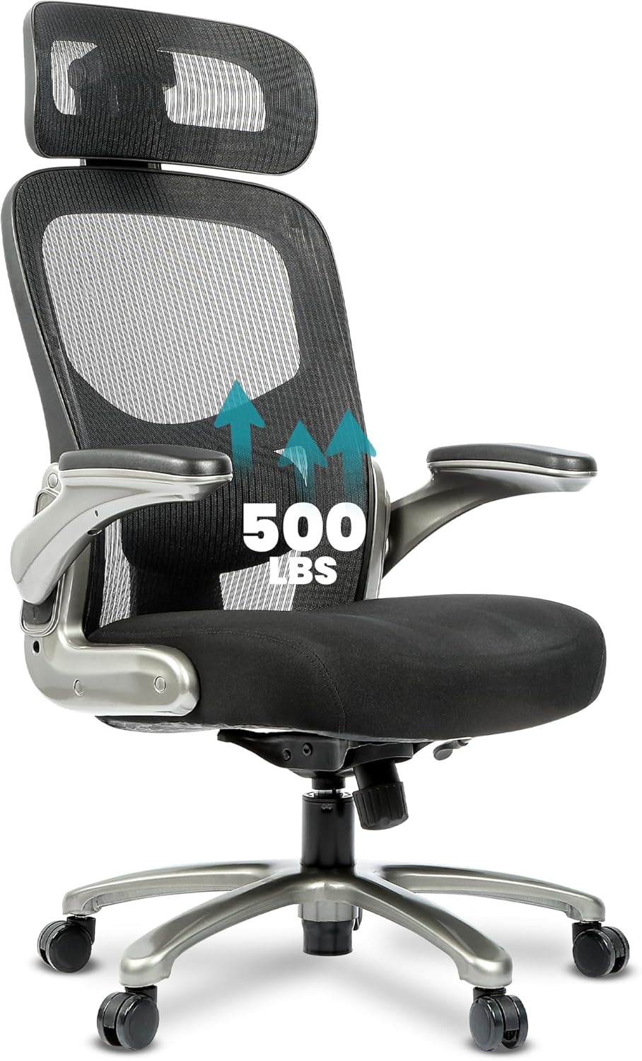 Officefactor 500 Lbs Rated the Real High Back Ergonomic Big and Tall Office Chair Flip-Up Arms Mesh Back anti Scratch Wheels Adjustable Lumbar Support Adjustable Headrest (Black with Headrest)