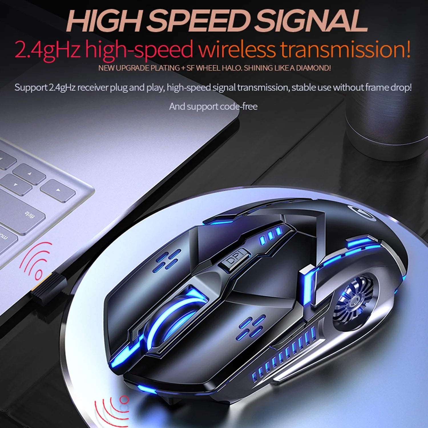 Rechargeable Wireless Gaming Mouse,2.4G LED Optical Silent Wireless Computer Mouse with 7 LED Light,4 Adjustable DPI 1200/1600/2400/3200,Ergonomic Design Wireless Mouse for Laptop(Silver)