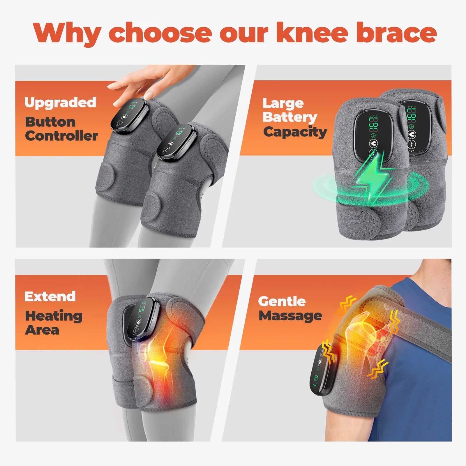 Cordless Knee Massager with Heated Vibration ,Heated Shoulder Knee Brace Wrap for Relax, Eletric Knee Heating Pad for Men Women,Heating Pad for Shoulder Knee 3 Adjustable Vibrations and Heating Modes