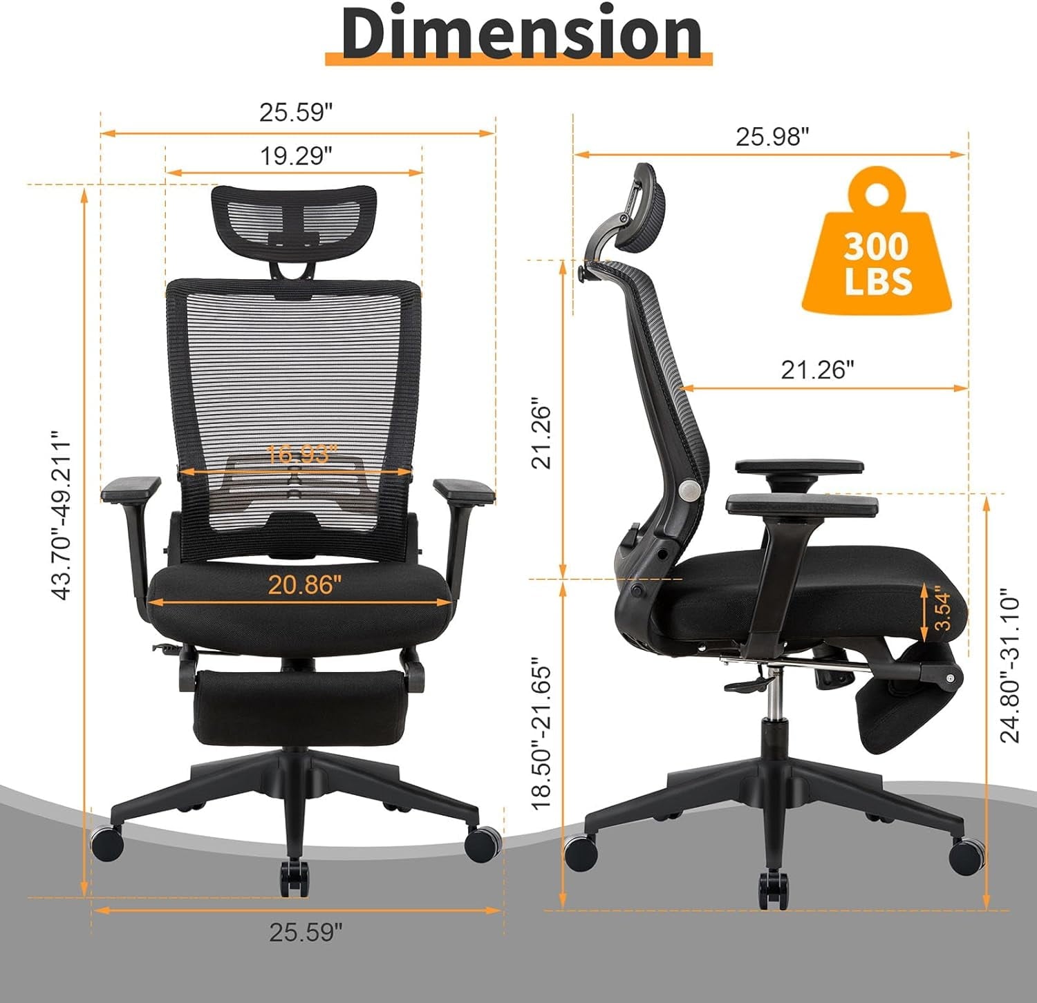 Foldable Office Chair with Footrest & Headrest, Ergonomic Mesh Desk Chair, Tilt Function, Lumbar Support, 300Lbs, Black