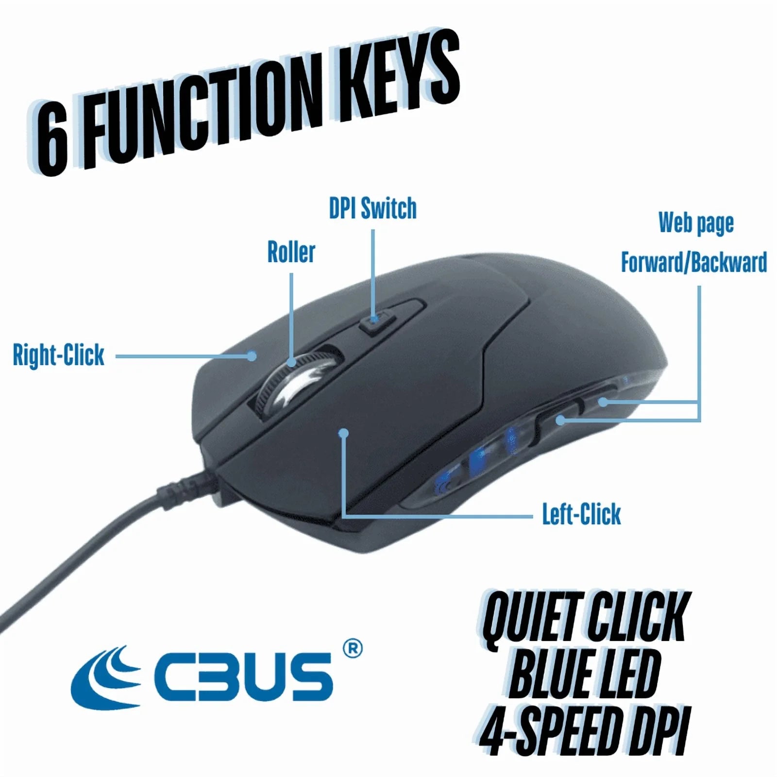 CBUS Wired USB C Mouse, 6-Button Quiet Click Computer Mouse - 4 DPI Speeds, Ergonomic, LED Backlight - Compatible with Mac, Chromebook, HP, DELL XPS, ASUS, Surface, Silent Gaming Mouse Type-C Wired
