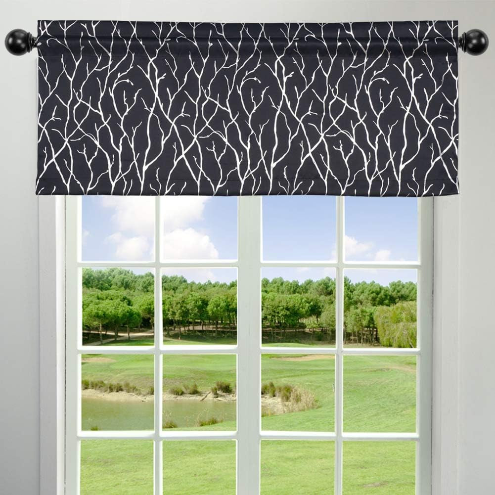 Window Valance Black Darkening Curtain - Artistic Silver Foil Tree Branch Pattern Rod Pocket Window Curtain Valance for Bedroom, 52 Inch by 18 Inch plus 2 Inch Header, Black and Silver, 1 Pack