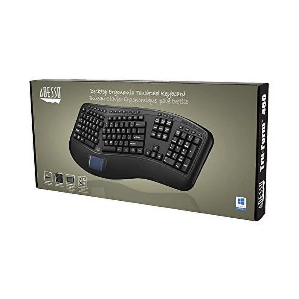 AKB-450UB - Ergonomic Keyboard with Built-In Touchpad, Wired, Multimedia Hotkeys, Split Keys Design, Built-In Palm Rest for Comfort - Compatible for PC & Windows XP/7/8/10