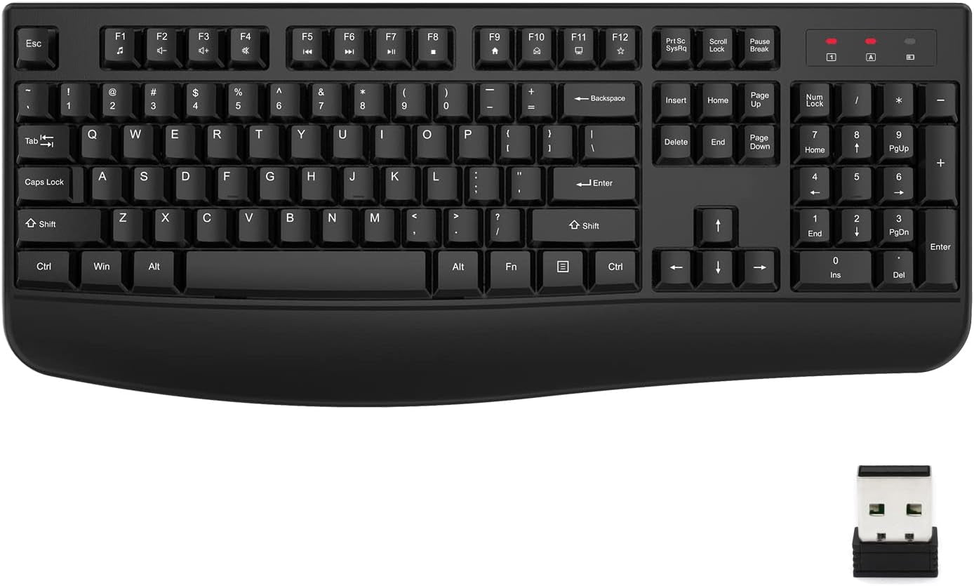 Wireless Keyboard, 2.4G Ergonomic Full Size Wireless Computer Keyboard with Wrist Rest for Windows, Mac OS Desktop/Laptop/Pc(Black)