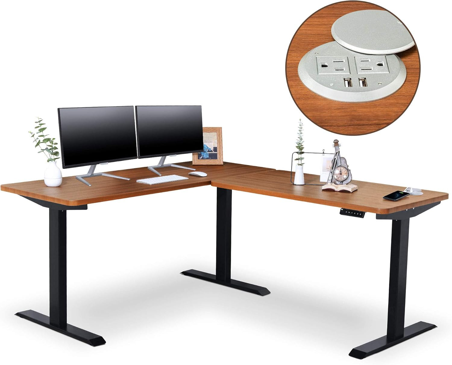 Electric Standing L Desk with Power Charging Station, Adjustable Height Sit Stand Home Office Desk, L Shaped Computer Desk, 67X59 Inches Corner Stand up Desk, Walnut Top with Black Frame