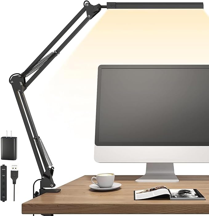 LED Desk Lamp with Clamp - 14W Adjustable Brightness 5000K with 5 Light Modes & Auto Shut Off for Home Office, Study & Bedroom