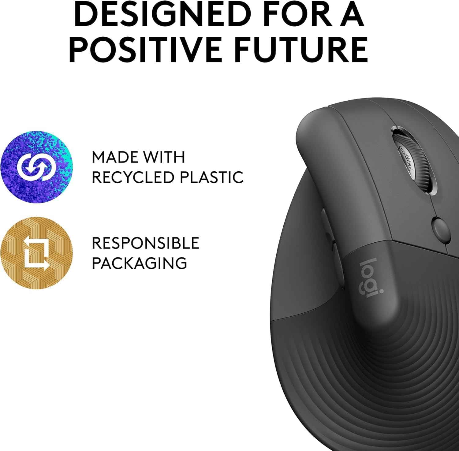 Logitech Lift Vertical Ergonomic Mouse, Wireless Bluetooth or USB Receiver, Quiet Clicks, 4 Buttons, Right Hand Wireless Mouse, Windows/macOS/iPadOS, Laptop, PC
