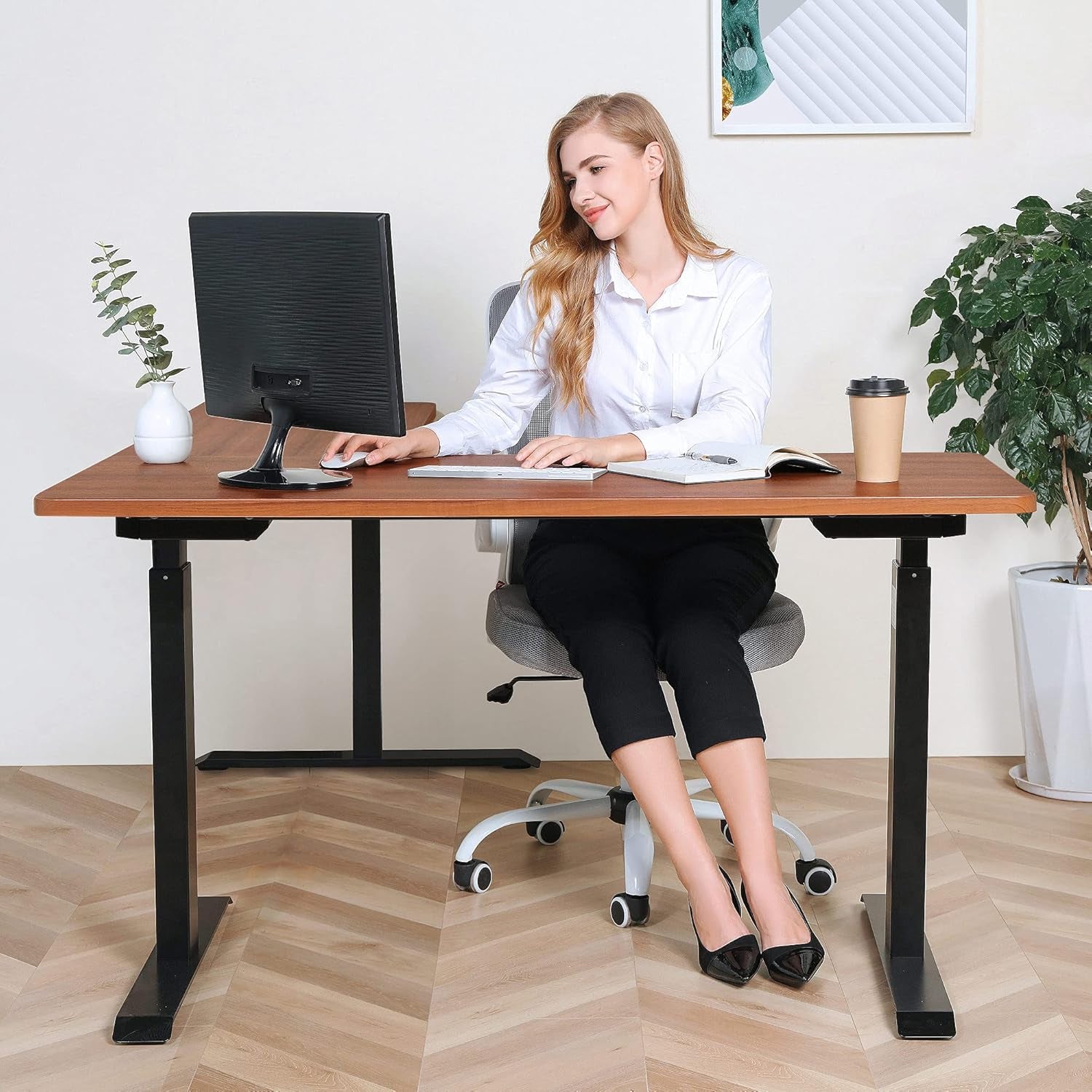 Electric Standing L Desk with Power Charging Station, Adjustable Height Sit Stand Home Office Desk, L Shaped Computer Desk, 67X59 Inches Corner Stand up Desk, Walnut Top with Black Frame