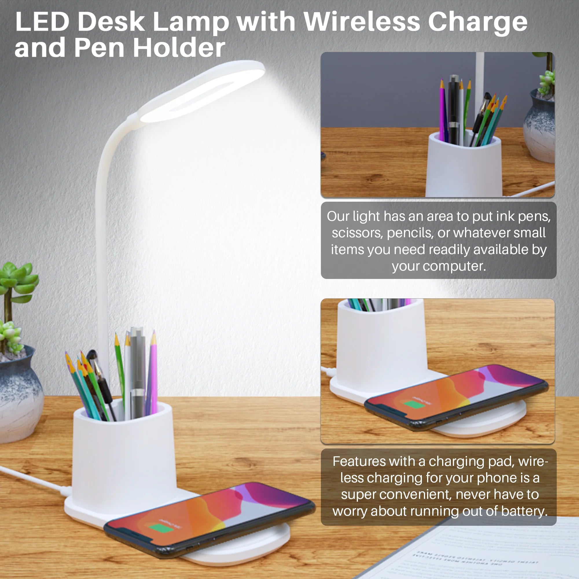 Led Desk Lamp for an Office in Home with Pen Holder and Wireless Charger- 3 Modes Dimmable LED Table Lamp with Flexible Gooseneck