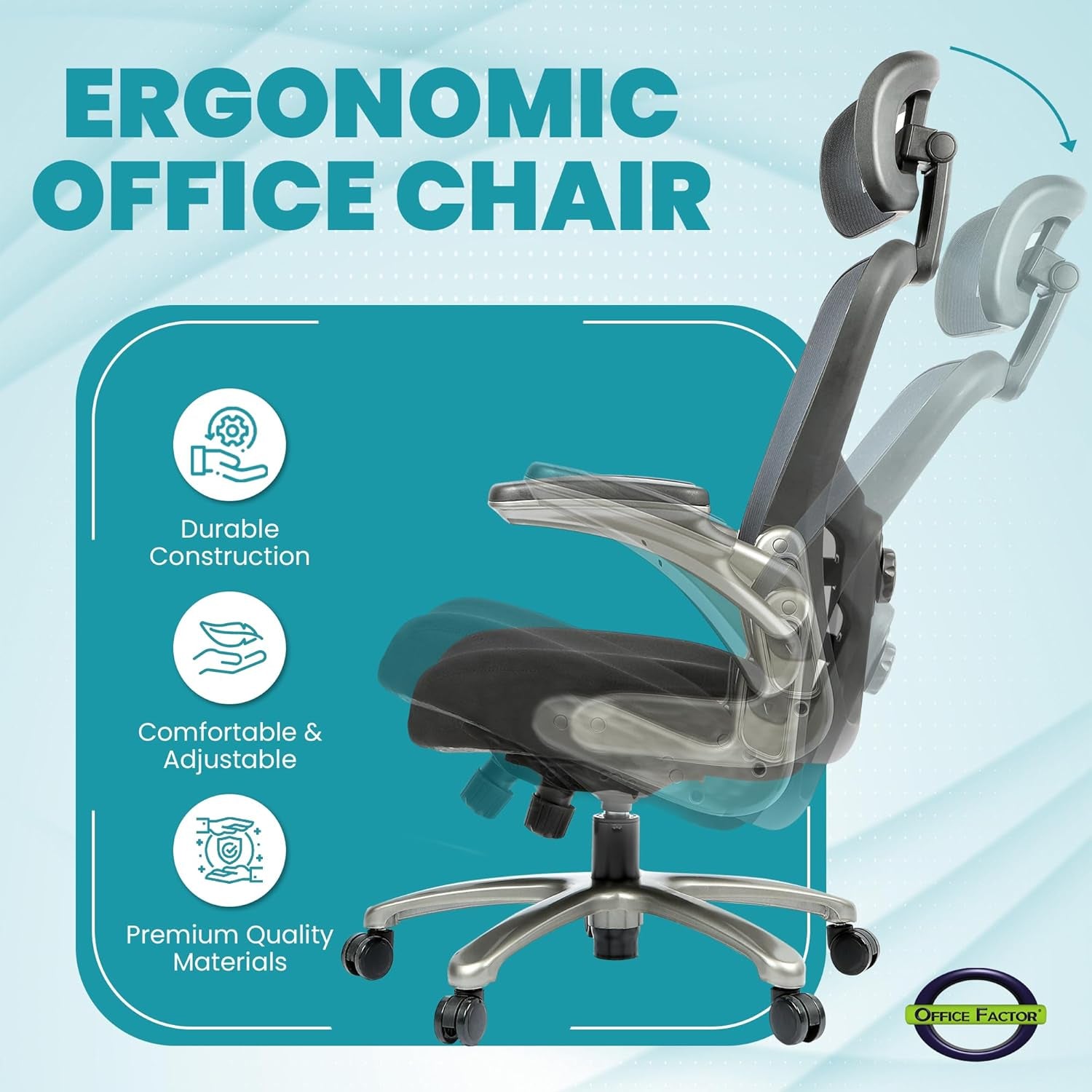 Officefactor 500 Lbs Rated the Real High Back Ergonomic Big and Tall Office Chair Flip-Up Arms Mesh Back anti Scratch Wheels Adjustable Lumbar Support Adjustable Headrest (Black with Headrest)
