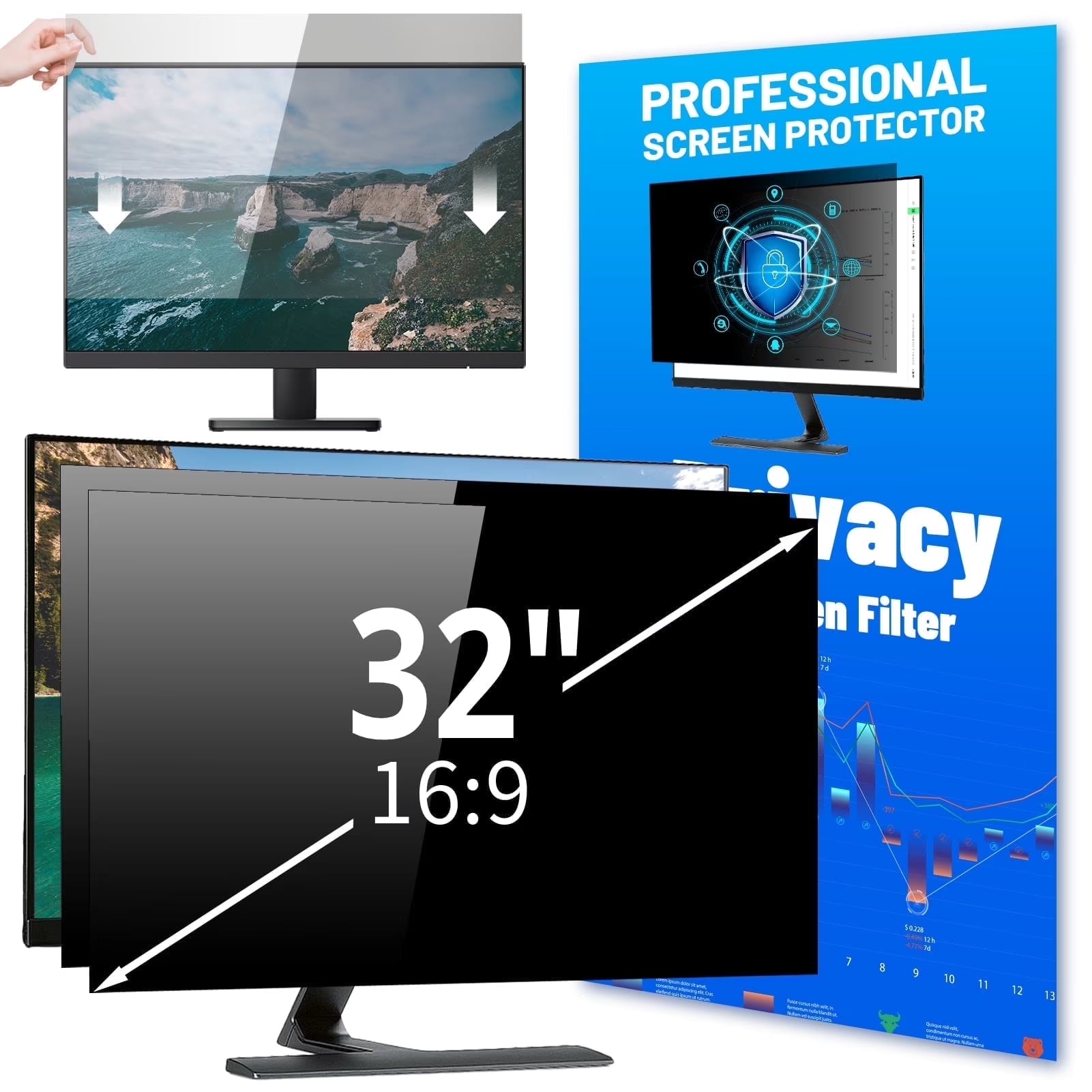 32 Inch Computer Privacy Screen Filter for 16:9 Widescreen Monitor, Removable Eye Protection anti Glare Blue Light Filter Privacy Shield, Anti-Scratch Desktop PC Monitor Screen Protector Film