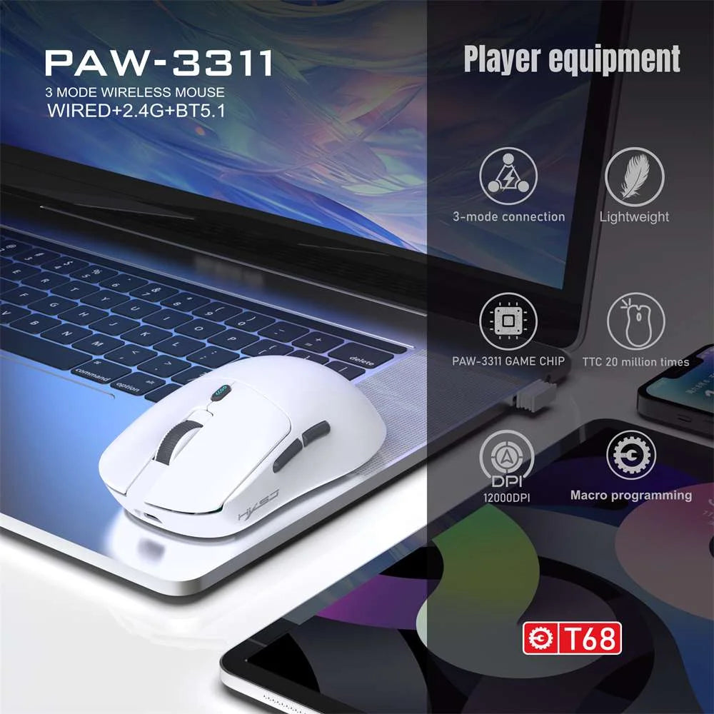 Wireless Gaming Mouse,Long Battery Standby,3 Mode Wired/2.4G/Bluetooth 5.1 Portable Rechargeable Gaming Mice for Pc/Mac/Computer/Laptop/Tablet,White