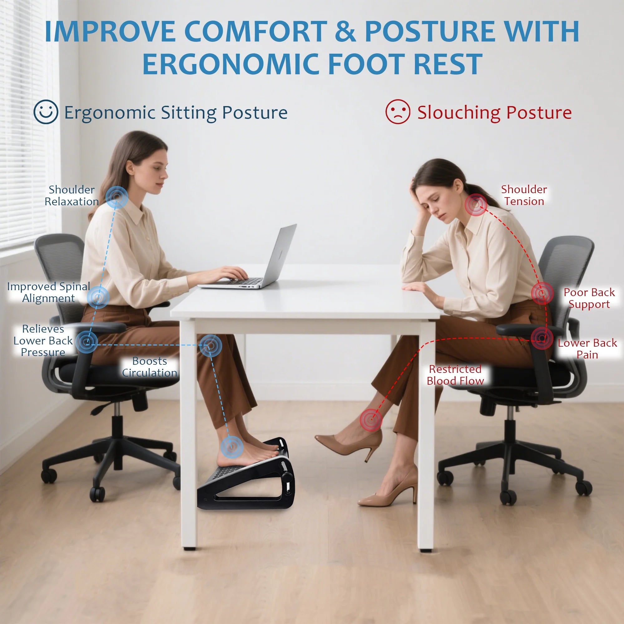 Adjustable Ergonomic Foot Rest under Desk with 6 Heights, Massage Surface & Rollers, Portable Foot Stool for Office, Home & Travel – Black