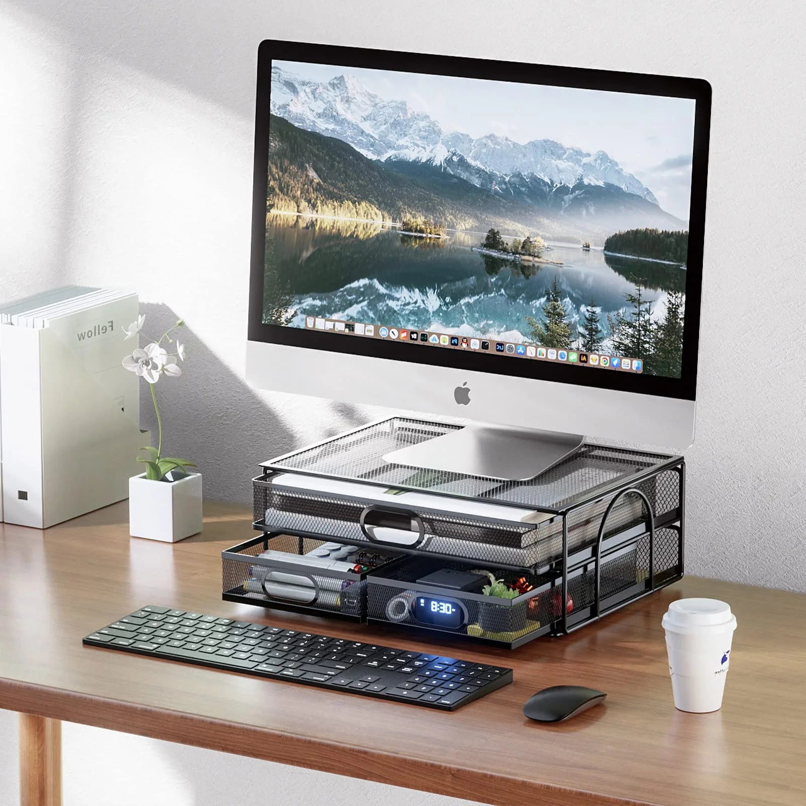 Monitor Stand with Drawer, Monitor Stand, Metal Mesh Desk Organizer with Three Pull Out Storage Drawers