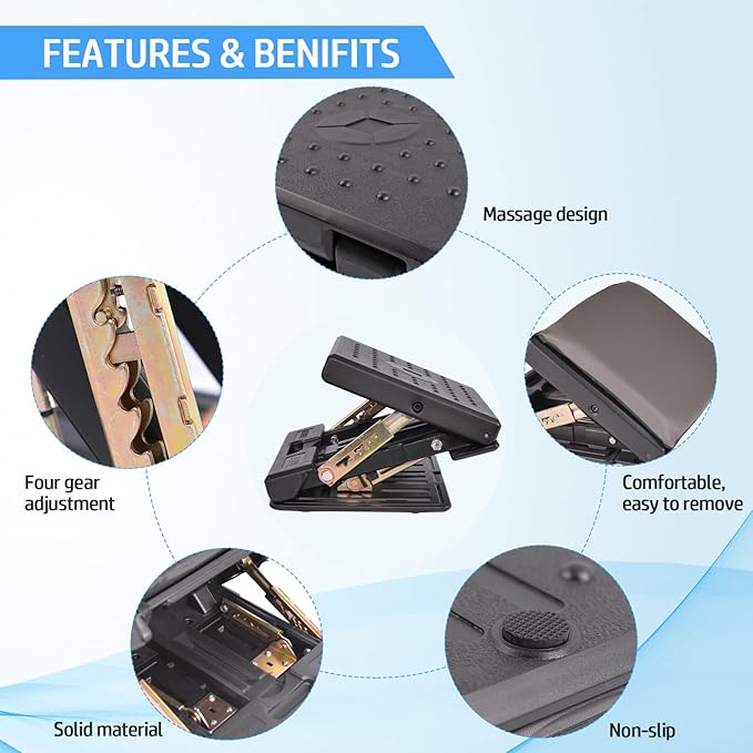 Scalebeard Under-Desk Footrest - Ergonomic Angle Adjustable with Removable Soft Pad for Comfort, Back & Body Pressure Relief (Black)