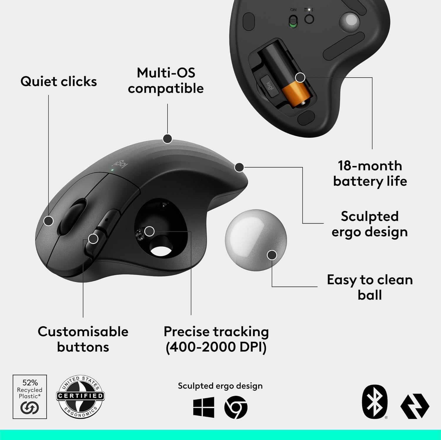 Logitech Ergo M575S Wireless Trackball Mouse, Wireless Ergonomic Mouse with Bluetooth and Encrypted Dongle, Comfortable Thumb Control, Precise and Smooth Tracking, for PC/Mac