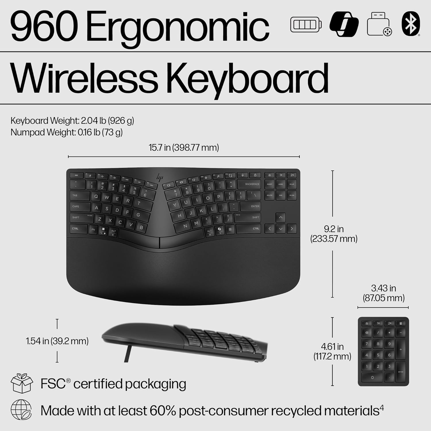 HP 960 Ergonomic Wireless Keyboard with Detached Keypad