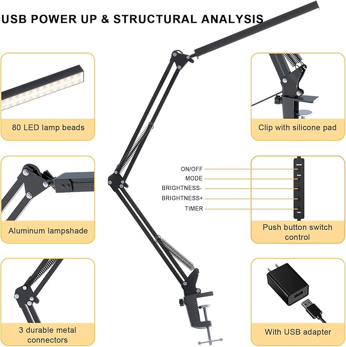 LED Desk Lamp with Clamp - 14W Adjustable Brightness 5000K with 5 Light Modes & Auto Shut Off for Home Office, Study & Bedroom