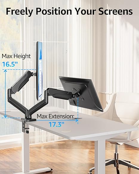 MOUNTUP Dual Monitor Stand - Gas Spring Monitor Arms for 2 Screens (22"-32"), Height Adjustable VESA Mount with C-Clamp & Grommet Base, Holds 4.4-17.6 lbs (Black)