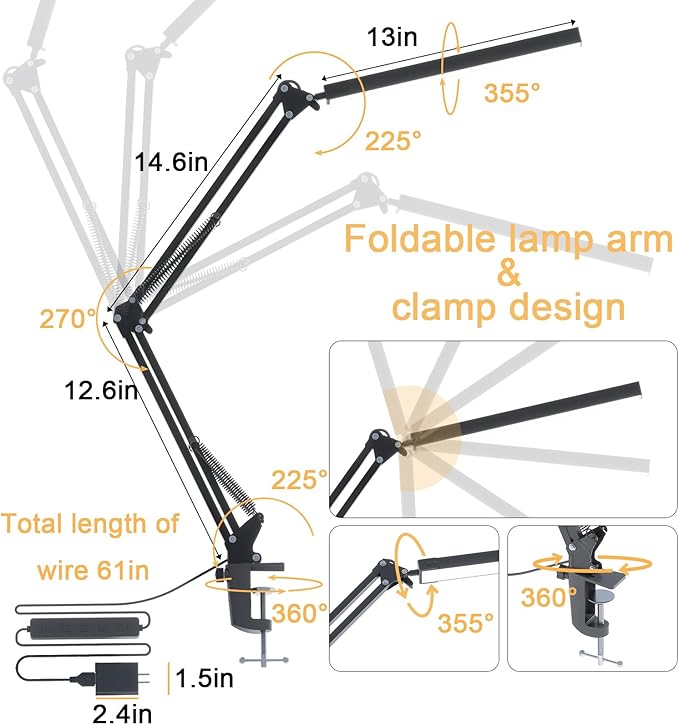 LED Desk Lamp with Clamp - 14W Adjustable Brightness 5000K with 5 Light Modes & Auto Shut Off for Home Office, Study & Bedroom