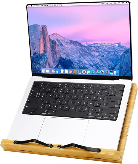 MEGREZ Book Stand for Reading (13.2 x 9.4 inch) Bamboo Cookbook Stand Holder for Kitchen, Adjustable Book Holder Stand for Tablet/Textbook Holder/Hollow Bookrest Stand, Rose