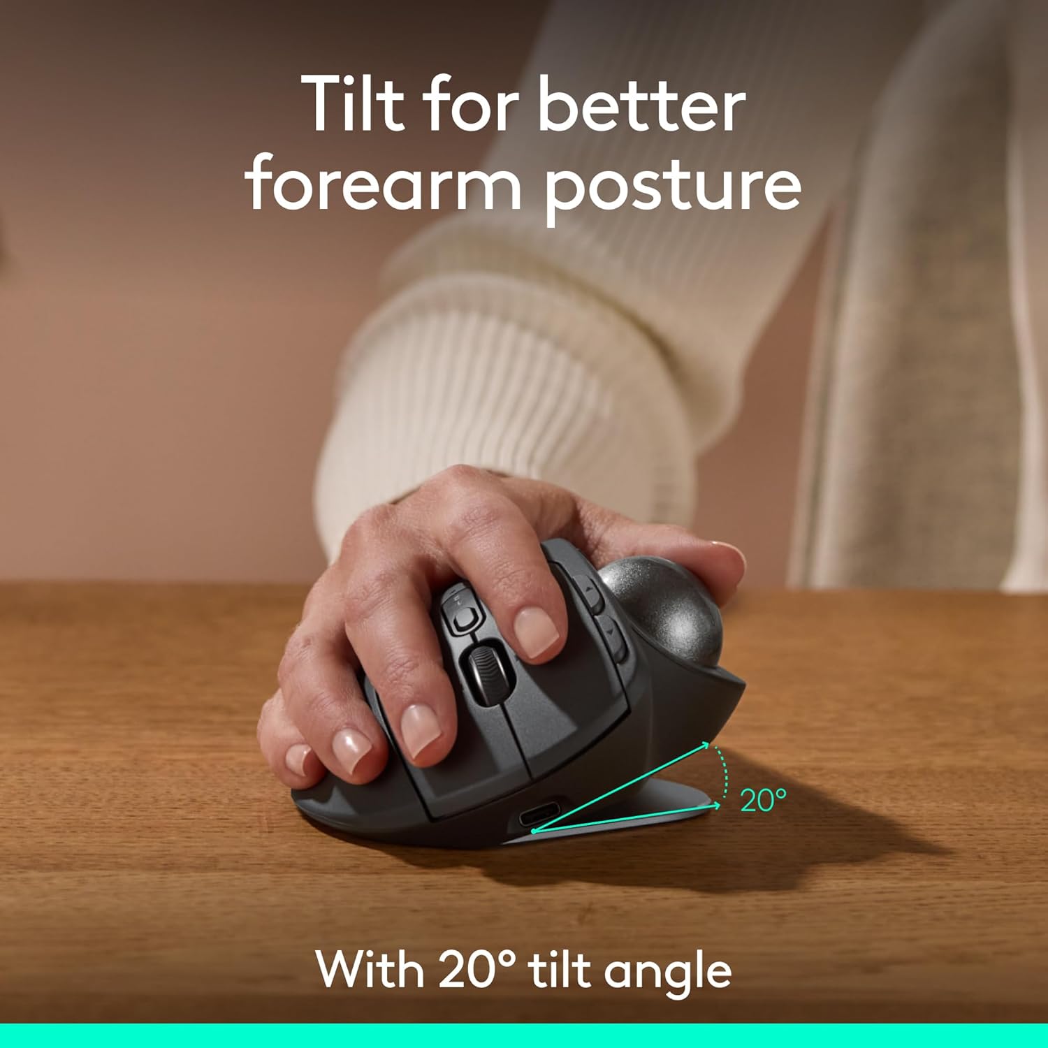 Logitech MX Ergo S Advanced Wireless Trackball Mouse, USB-C Rechargeable Wireless Ergonomic Mouse with Bluetooth and Encrypted Dongle, 6 Programmable Buttons, for PC/Mac