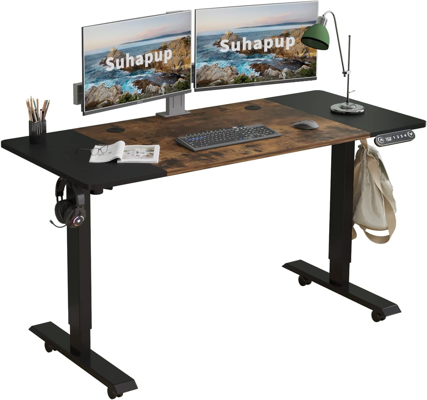 Electric Adjustable Height Standing Desk, 55 X 24 Inches Sit - Stand Desk for Work or Home Office 4 Preset Heights Easy to Set, Rustic Brown + Black Splice Board/Black Frame
