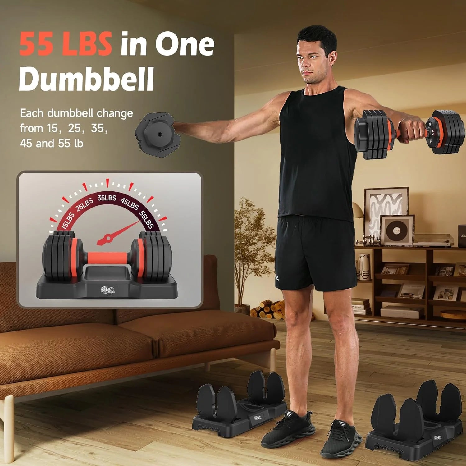 55LB Adjustable Dumbbells Single,15Lb to 55LB Hex Adjustable Dumbbells of 2 Anti-Slip Handle, Suitable for Home Gym Exercise Equipment