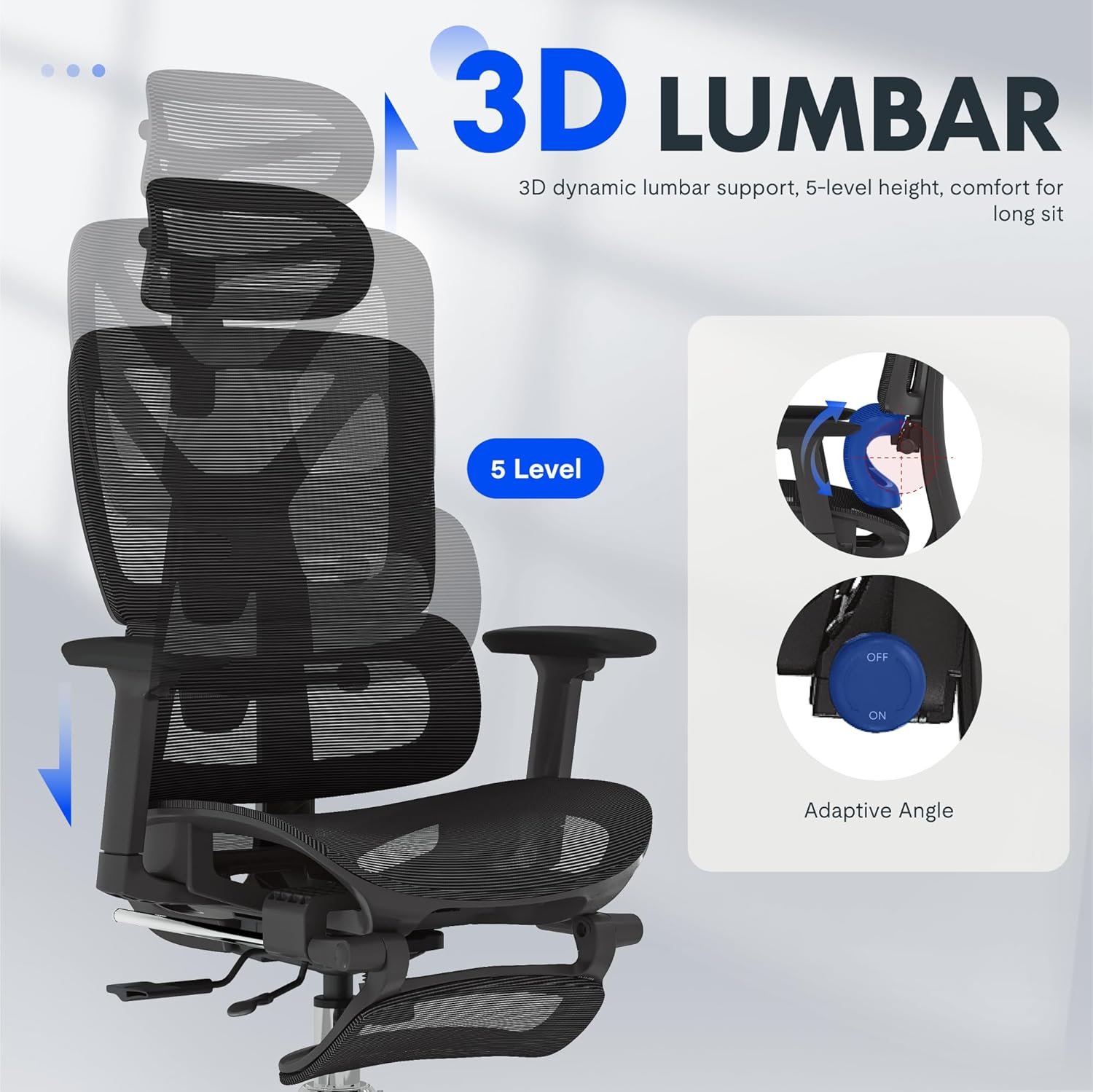 FLEXISPOT ErgoX Premium Ergonomic Office Chair with Footrest- Adjustable 3D Armrests, Dynamic Lumbar Support, Recline & Tilt Function, Mesh Seat, for Home & Office Use