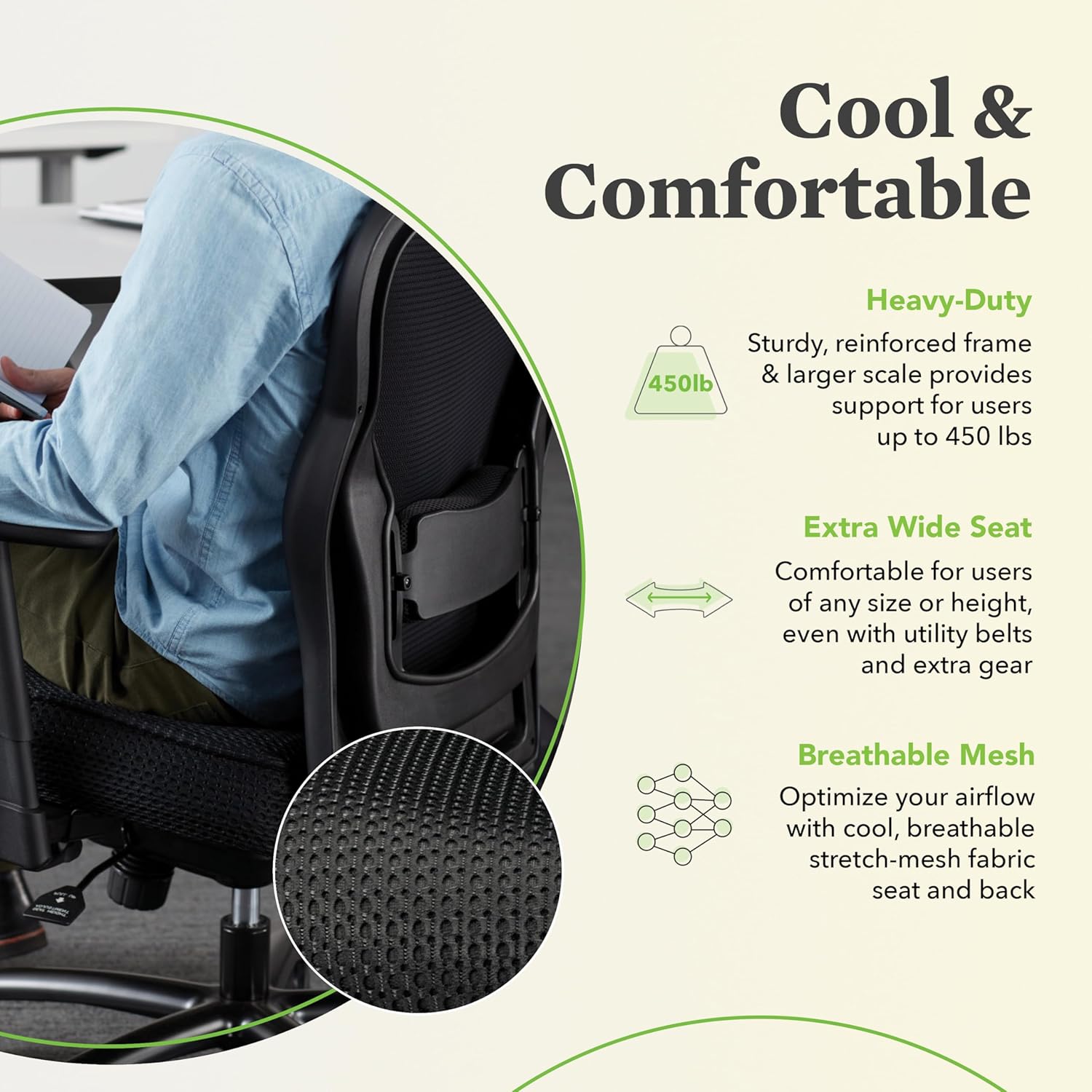 HON Wave Big and Tall Office Chair with Adjustable Arms, 450 lbs Capacity, Ergonomic, Breathable Mesh Desk Chair with Wheels, 360° Swivel, Heavy Duty Tilt Recline