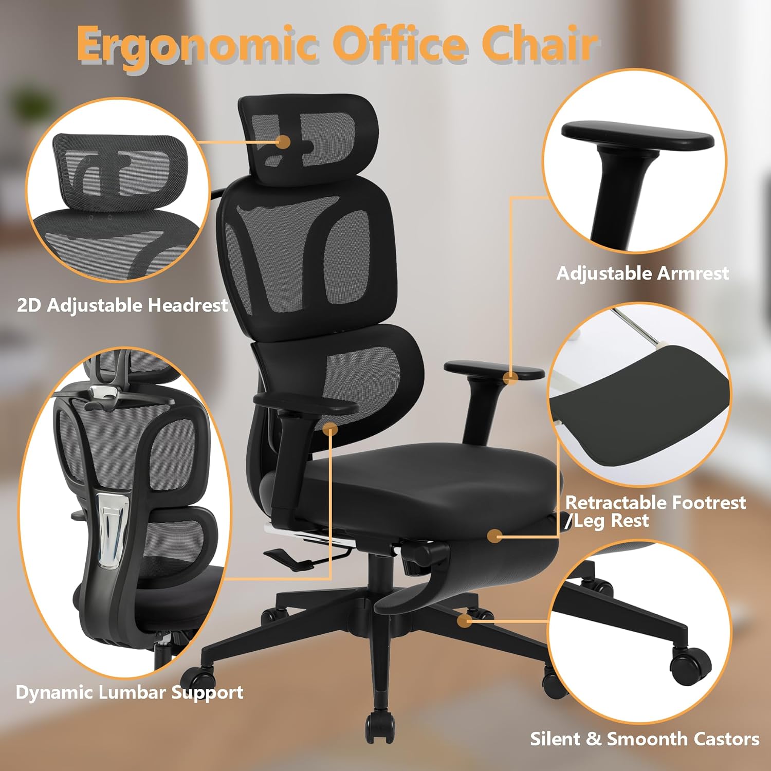 FLEXISPOT ErgoX-S Big and Tall Mesh Office Chair, Computer Desk Chair Adjustable Swivel with Footrest Lumbar Support Headrest and 360°Rotation for Home Office