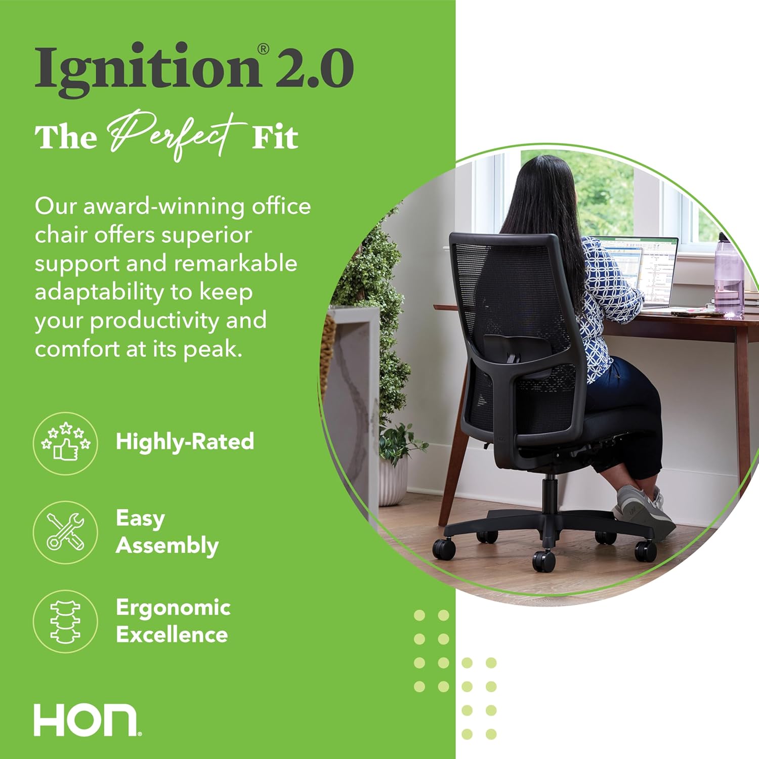 HON Ignition 2.0 Fabric Office Chair, Upholstered, Adjustable Arms, Advanced Synchro-Tilt Recline Executive Ergonomic Office Chair