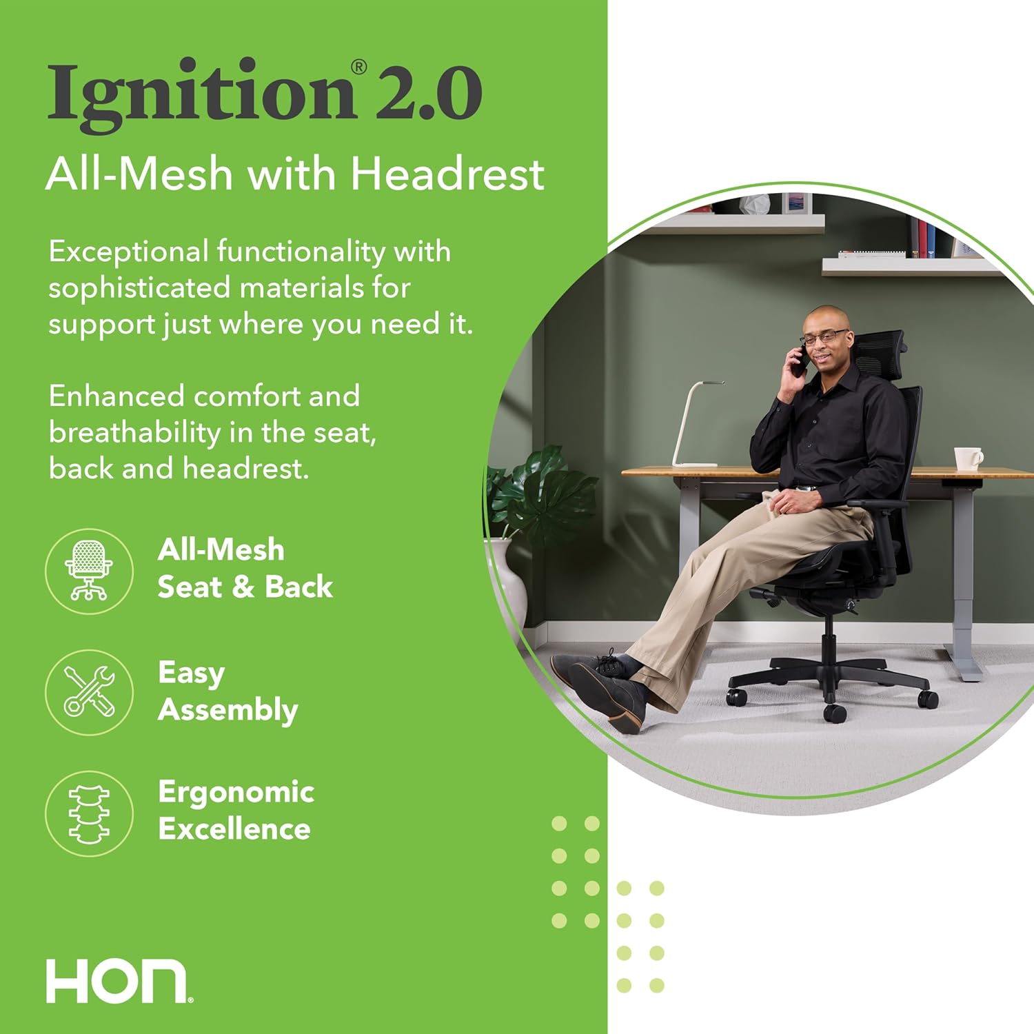 HON Ignition 2.0 Ergonomic Office Chair with Headrest, Adjustable Tilt, Swivel Wheels, Comfy for Long Hours, Home Office Desk Chairs