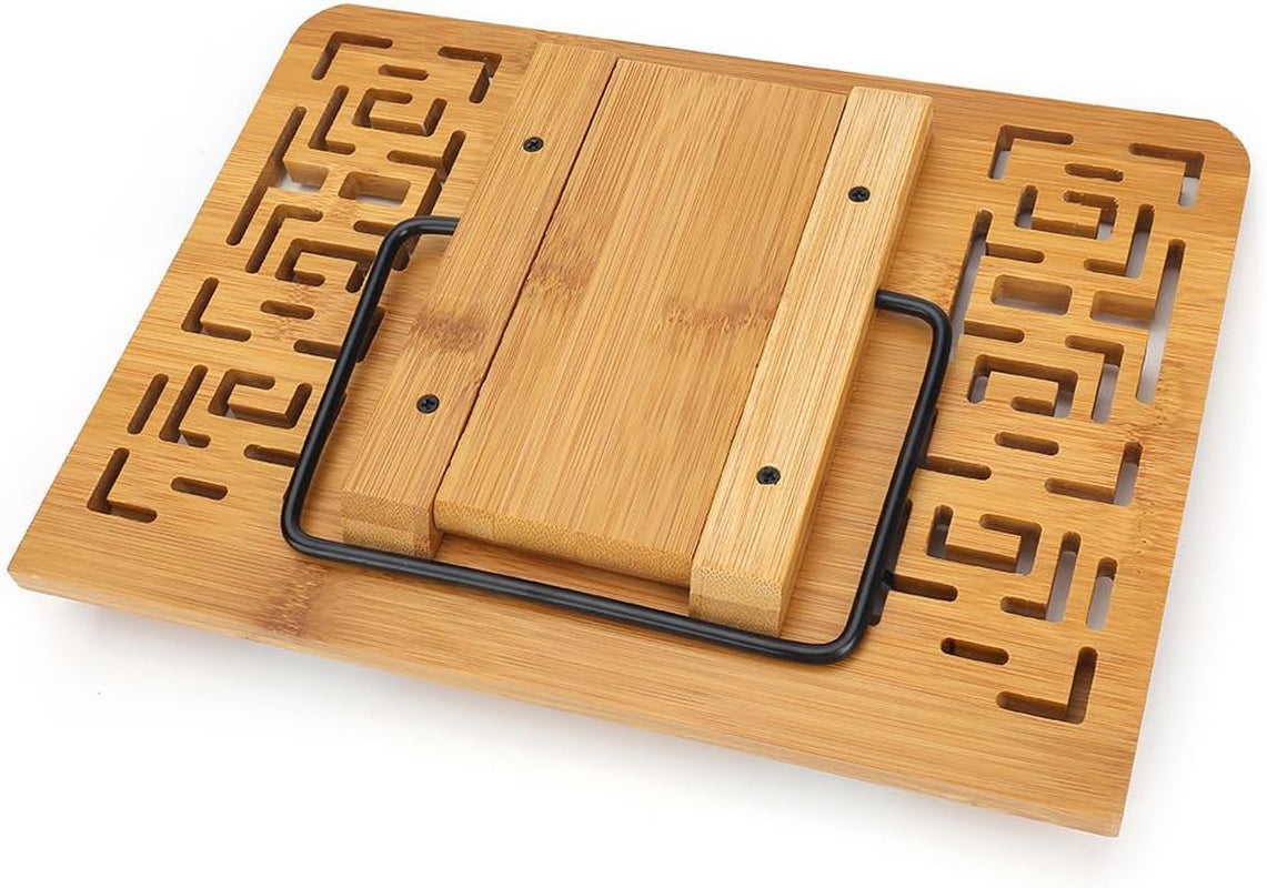 Bamboo Book Stand Reading Rest Holder Cookbook Cook Stand/Foldable Tablet PC Textbook/Music Document Stand/Desk Bookrest with Retro Hollow Elegant Pattern