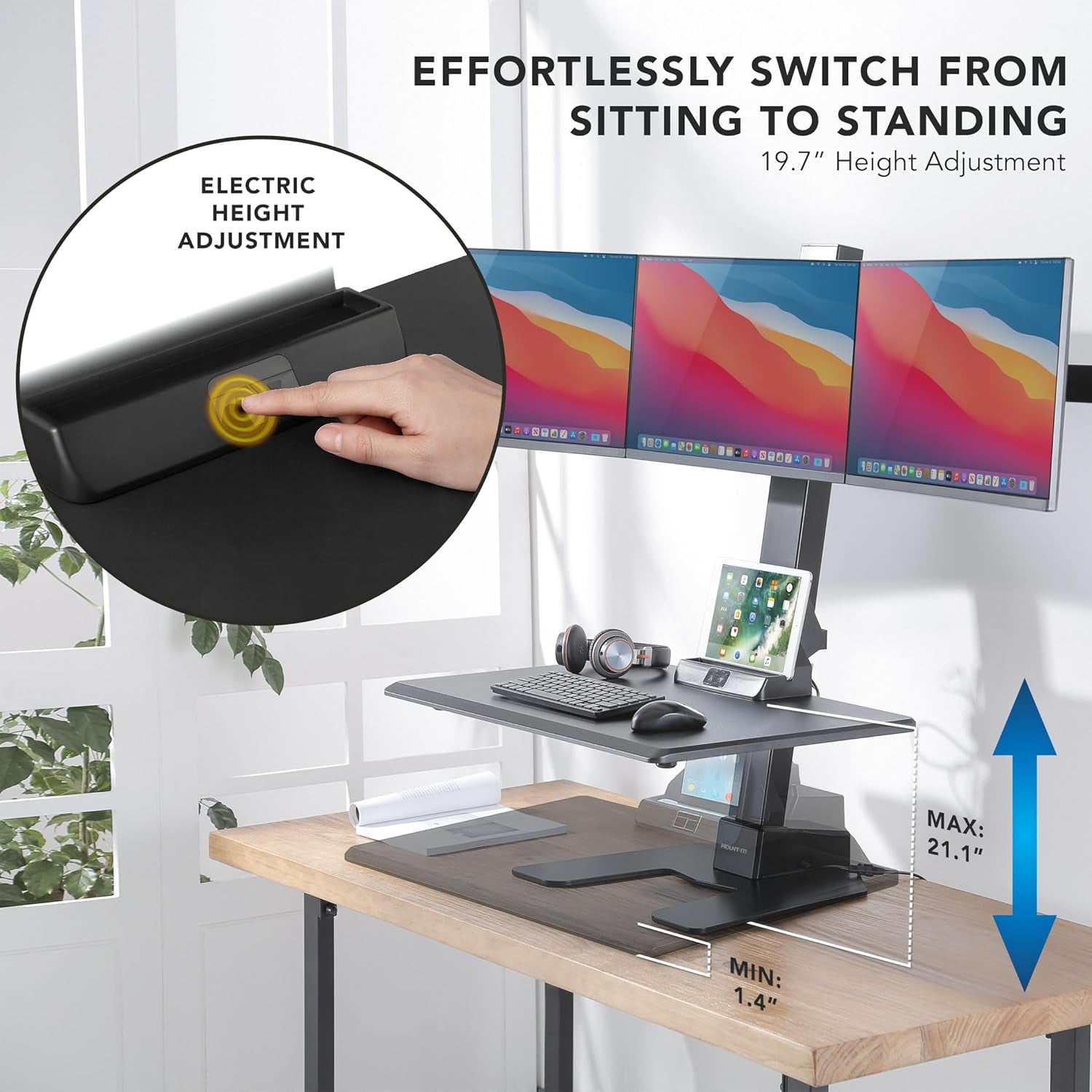 Triple Monitor Electric Standing Desk Converter - 3 Screens Stand up Desk Riser - Height Adjustable Desktop & 3 Mounts for Screens up to 32", Sit-Stand Convertor for Home, Office, School